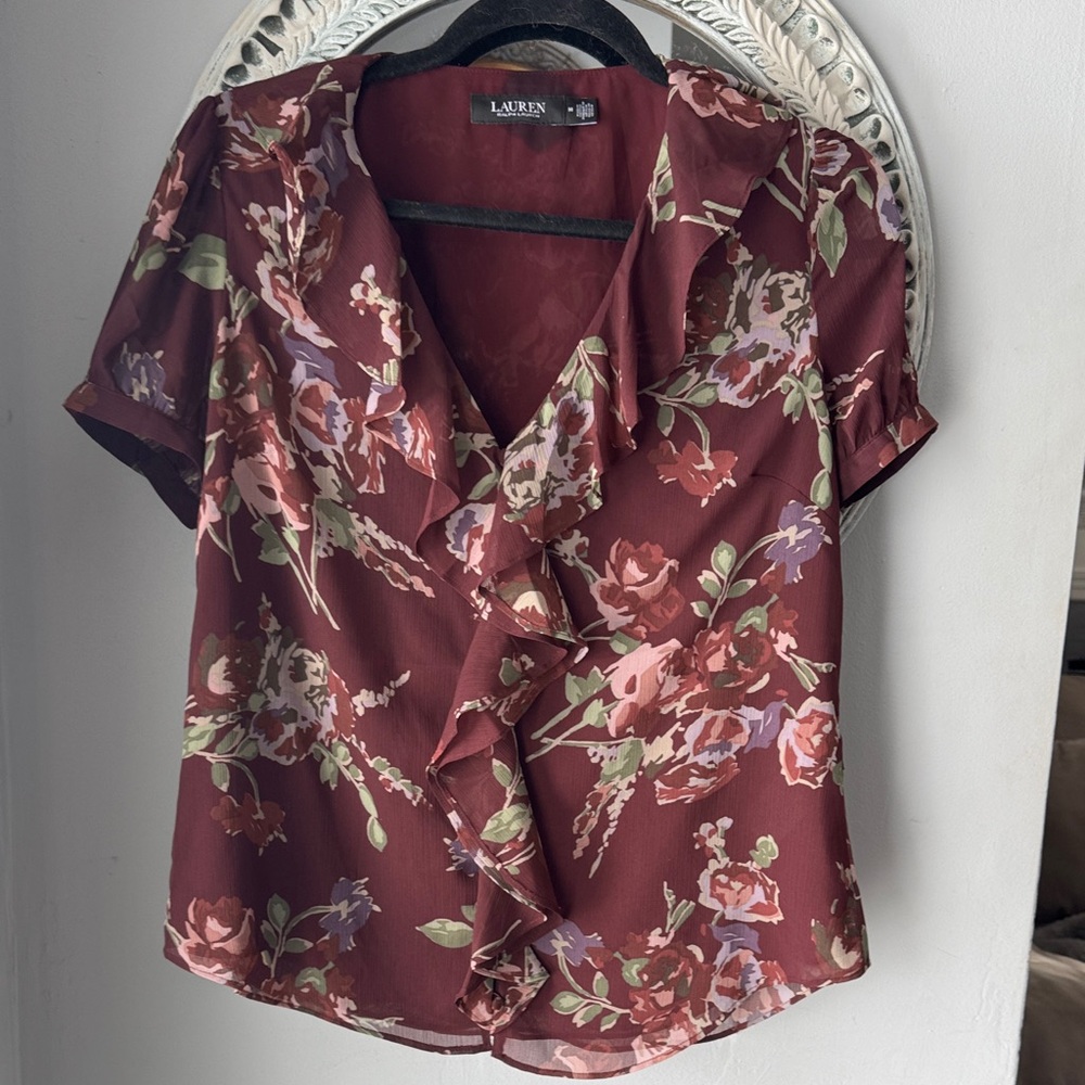 Lauren Ralph Lauren Maroon Floral Ruffle Blouse size Medium